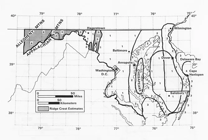Expected wind power classes throughout the state of Maryland